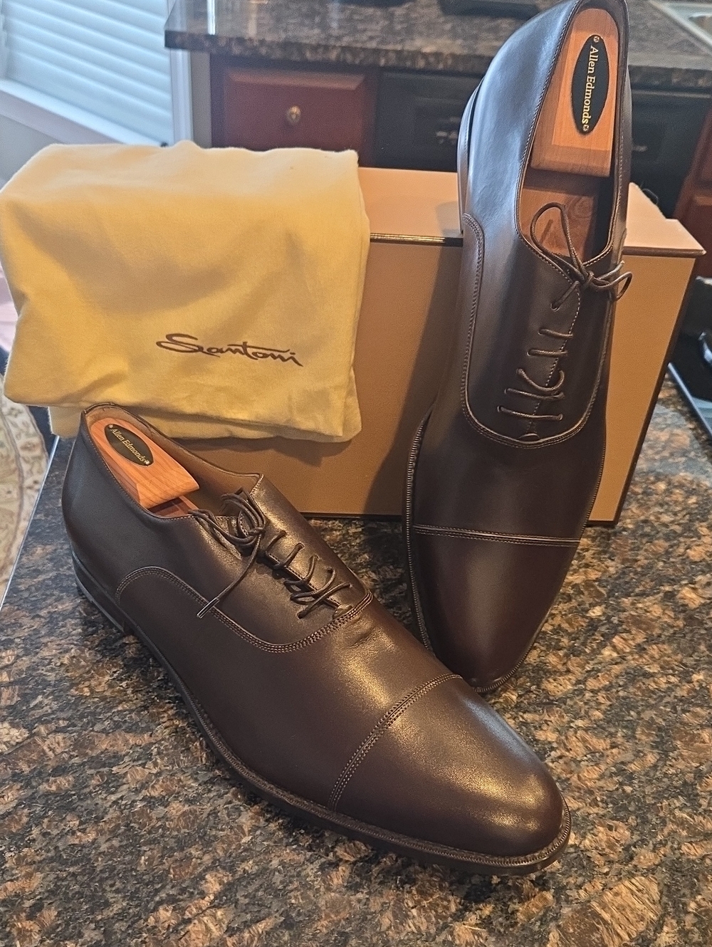 Santoni Dark Brown Leather Cap-Toe Derby Oxfords